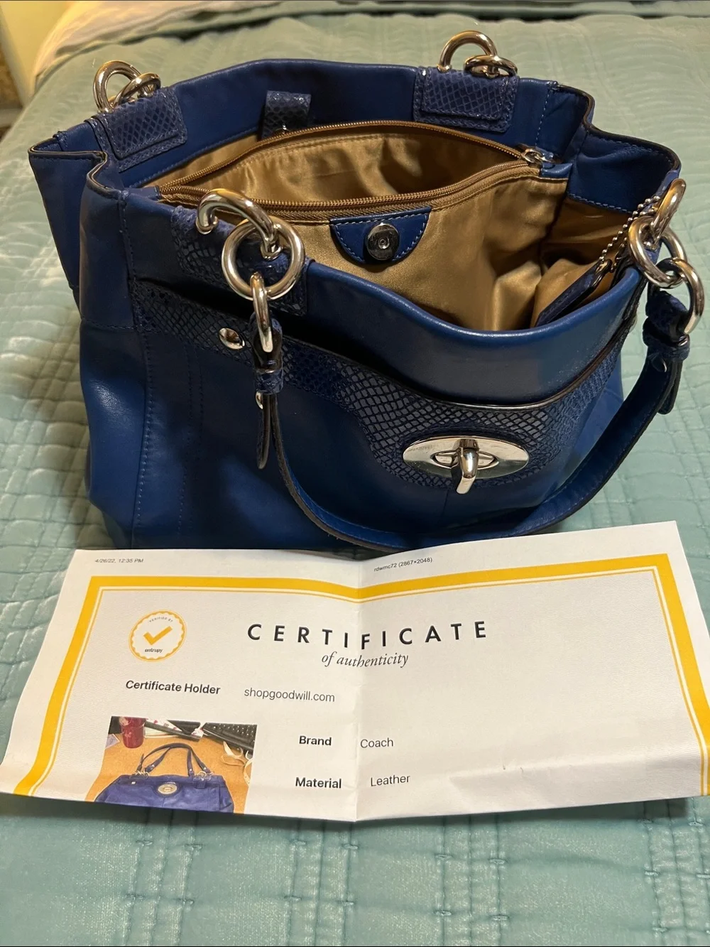Penelope Blue Leather Coach turn-Lock Shoulder Bag